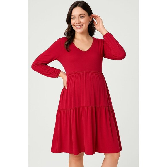 Smallshow Red Rayon & Spandex Long Sleeve V-Neck Tiered Maternity Dress - Picture 1 of 14